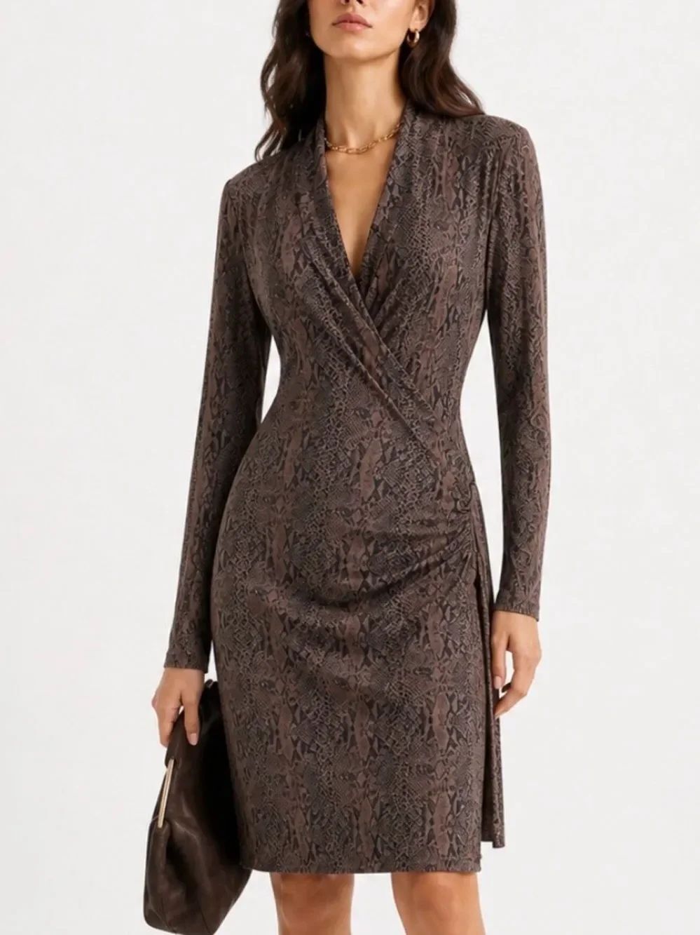 NORMA KAMALI Long Sleeve Snake-Print Dress in Brown Size L
